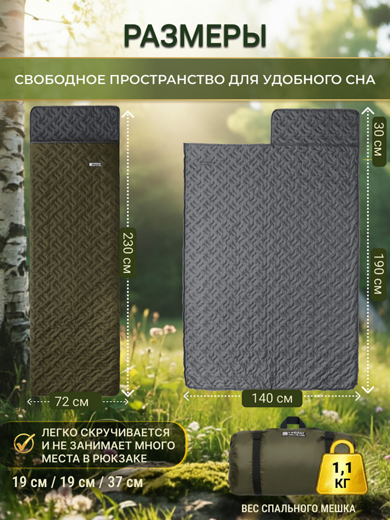 Спальный мешок Фрегат туристический с подголовником, 72 см х 230 см, зеленый (200г/м2)