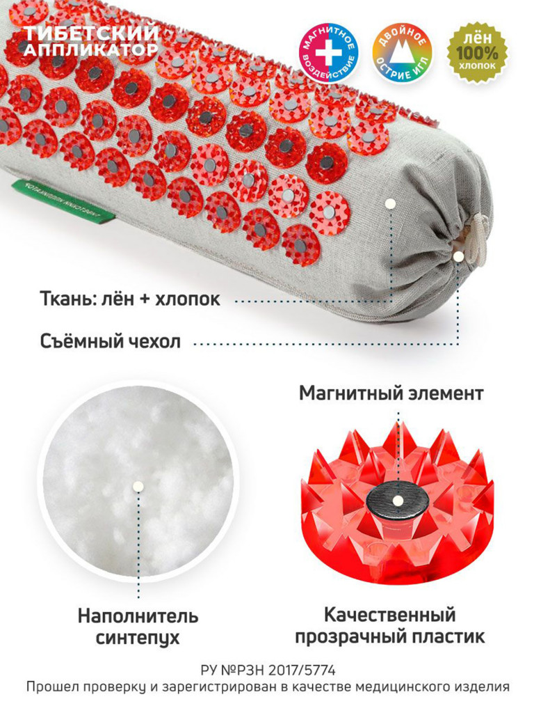 Аппликатор Кузнецова. Массажный коврик и универсальный валик (менее острые иглы, магнитные вставки)