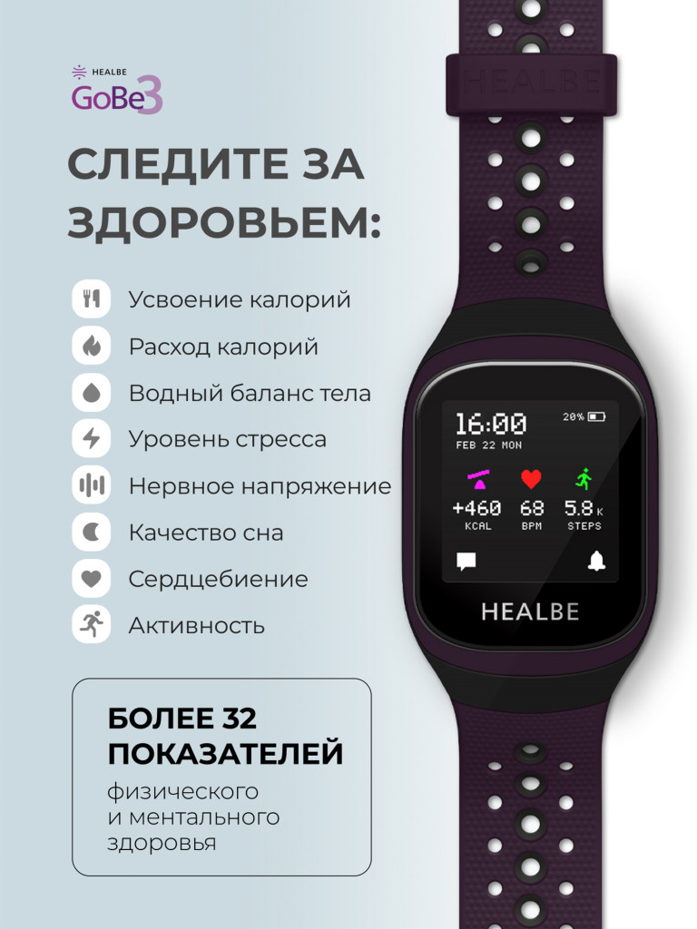 Умные часы HEALBE GoBe3 для здоровья: счетчик калорий, стресс, трекер сна, умный будильник пульсометр, нехватка воды; мужские / женские