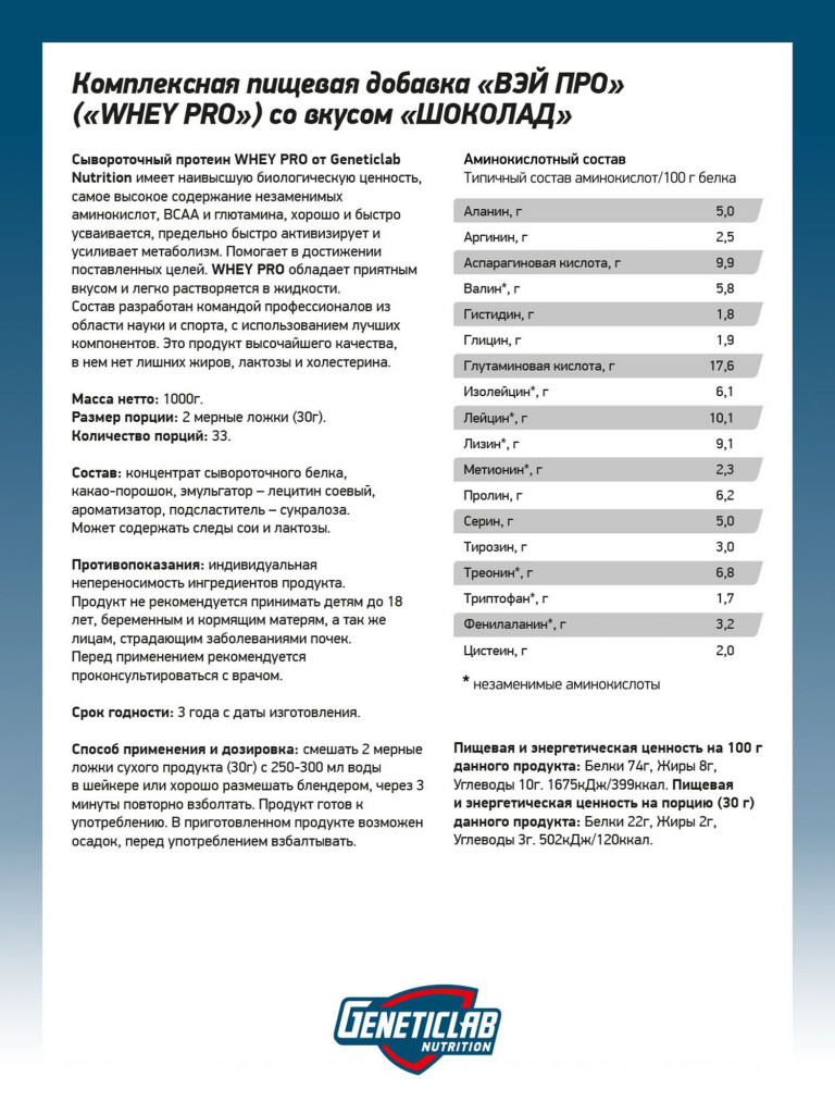 Протеин WHEY PRO 1000 g Шоколад Geneticlab Nutrition