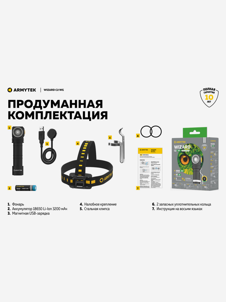 Фонарь налобный Armytek Wizard C2 WG Magnet USB, теплый свет
