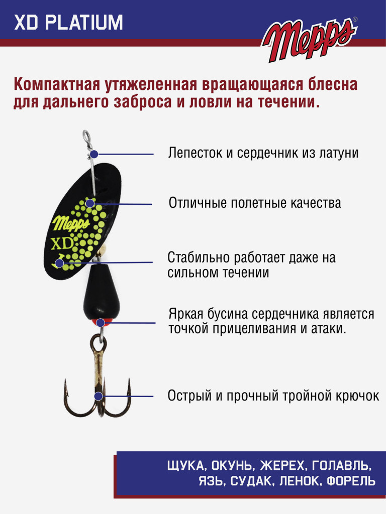 Блесна вращающаяся для рыбалки Mepps XD PLATIUM №1 на щуку, окуня