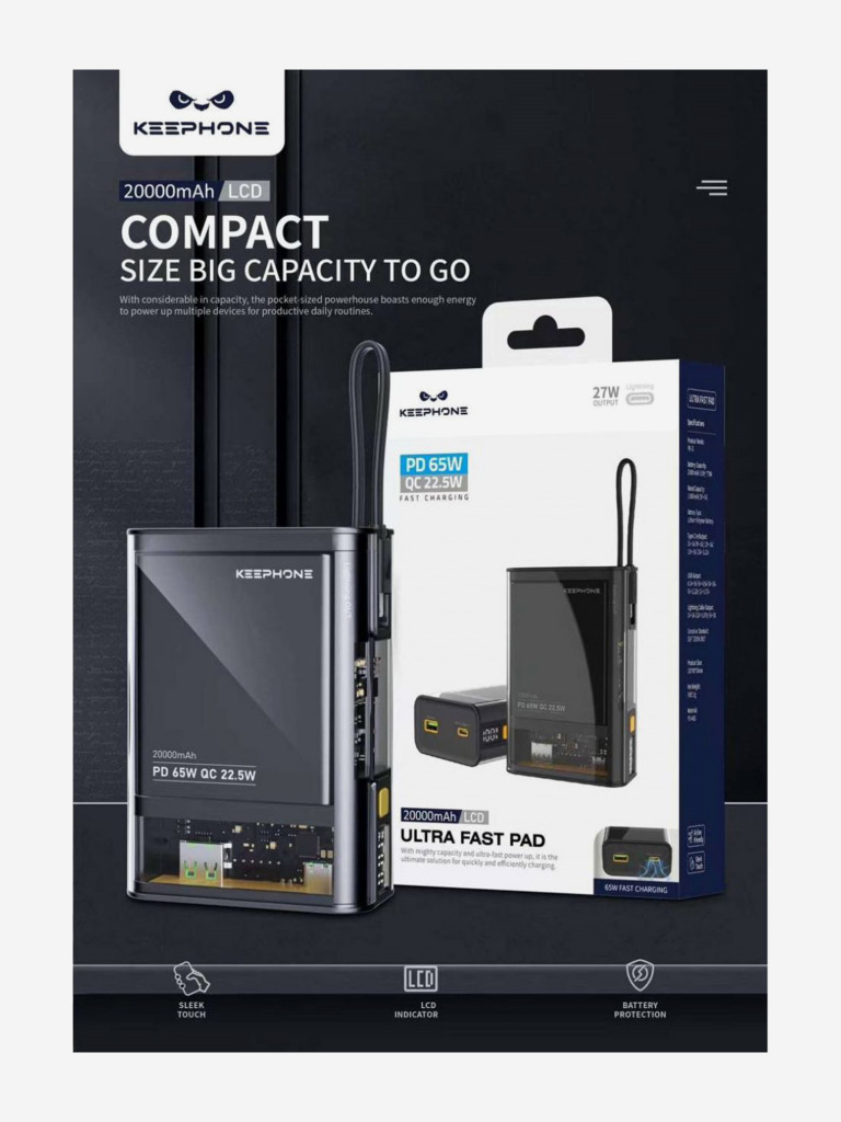Сверхбыстрый блок питания 20000 мАч KEEPHONE Ultra Fast / Повербанк PD 65W для телефона, iPad, ноутбука, 3 выхода