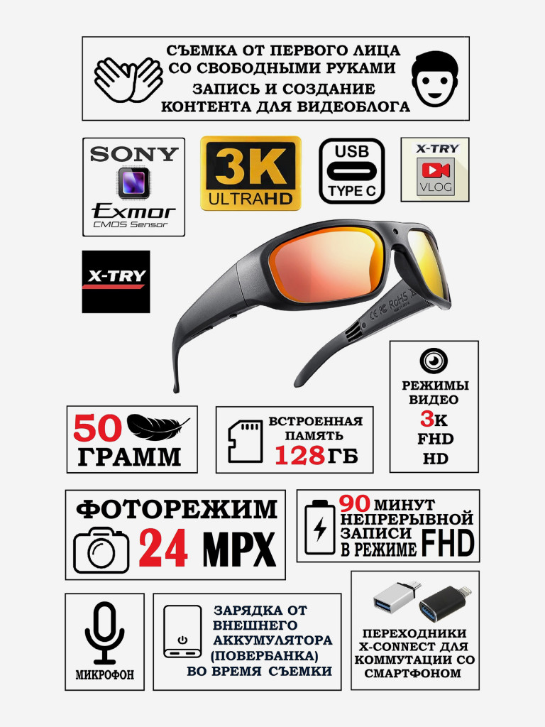 Цифровая камера-очки X-TRY XTG363 UHD 3K RED