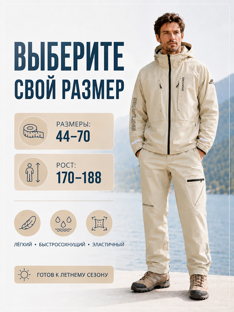 Костюм мужской летний быстросохнущий для рыбалки Амур GRAYLING, песочный