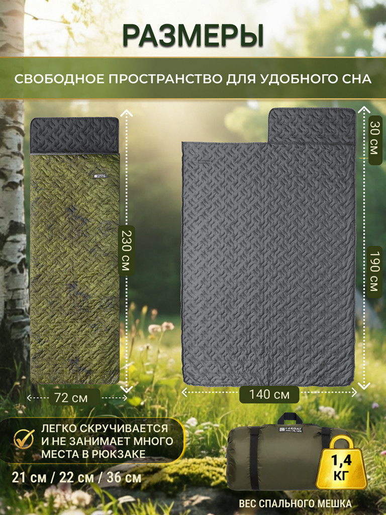 Спальный мешок туристический летний с подголовником, 72 х 230 см, камуфляж (300 г/м2)