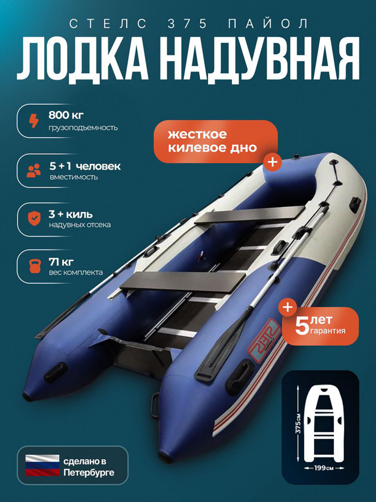 Лодка пвх под мотор Хантер Стелс 375 белый синий