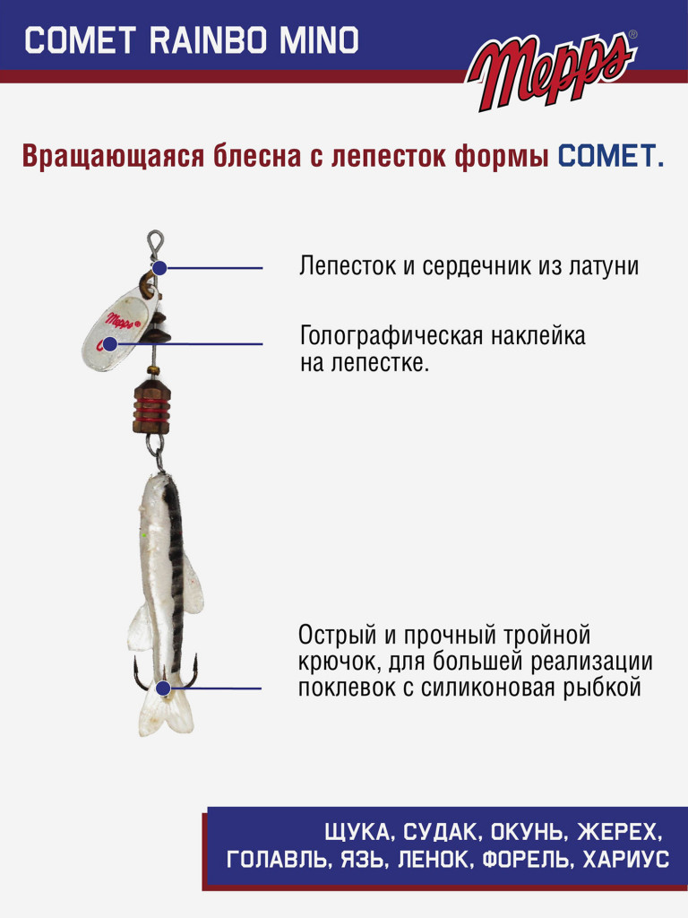 Блесна вертушка для рыбалки Mepps COMET RAINBO MINO на щуку,окуня
