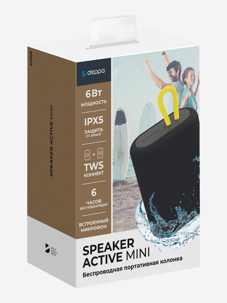 Беспроводная портативная колонка Deppa Speaker Active Mini, 6Вт, BT5.2, 1200мАч, микрофон, радио