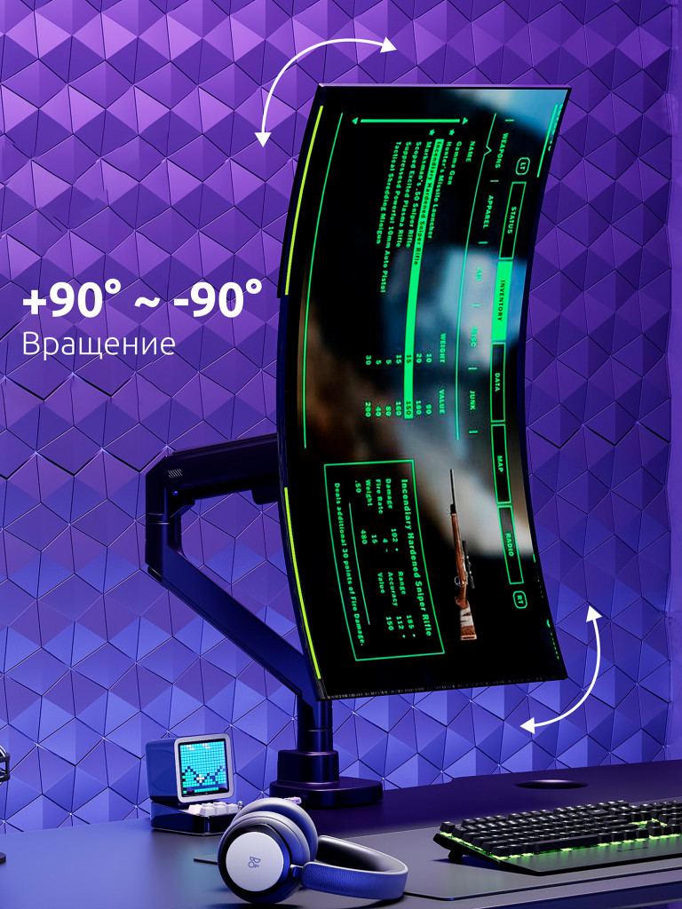 UNITEKI FMGT201BRD PRO LINE Кронштейн для монитора со струбциной системы газ лифт, поддерживающий большую нагрузку, диагональ 22-57" + адаптеры VESA