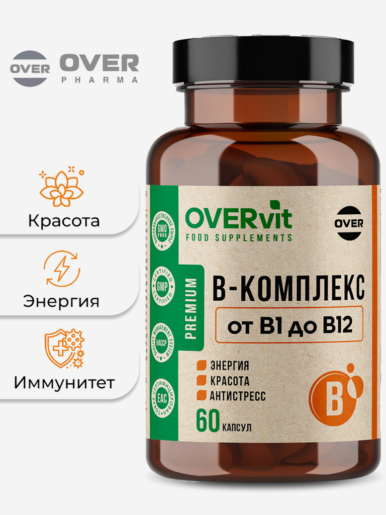Витамины группы B OVER, b комплекс 60 капсул