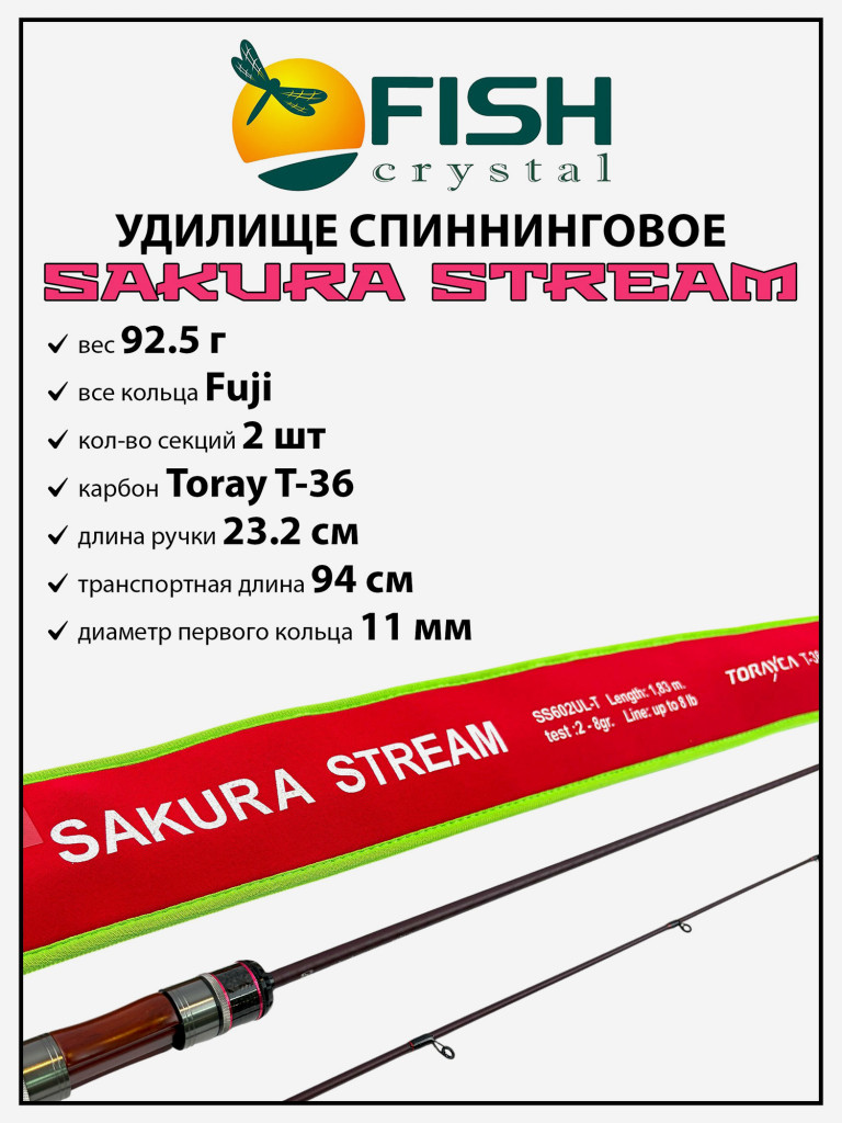 Удилище спиннинговое Sakura Stream, 2 секции, длина 1.83 м, тест 2-8 г Carbon Torayca, кольца FUJI (7+1)