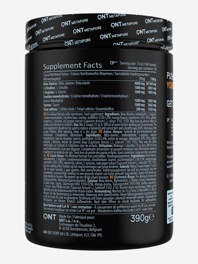Предтренировочный комплекс, Креатин, Бета Аланин, QNT Metapure Pre-Workout Overdrive 390г, Манго.