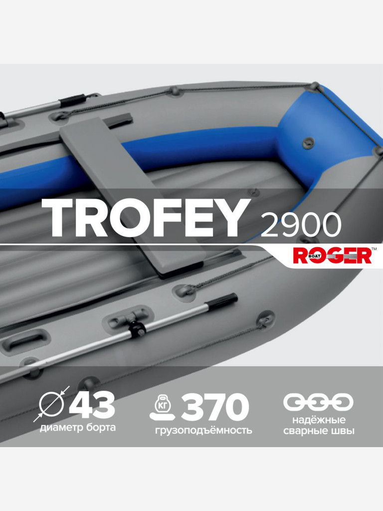 Лодка надувная ПВХ под мотор ROGER Trofey 2900, лодка Роджер НДНД (серый-синий)