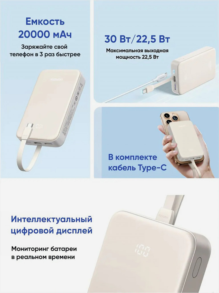 Внешний аккумулятор UGREEN PB521 (45207) 20000mAh PD30W Power Bank со встроенным кабелем USB-C