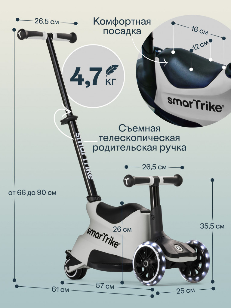Растущий складной трехколесный самокат-трансформер 3в1 SmarTrike Xtend Ride-on с ручкой и сиденьем, от 12 мес. до 12 лет