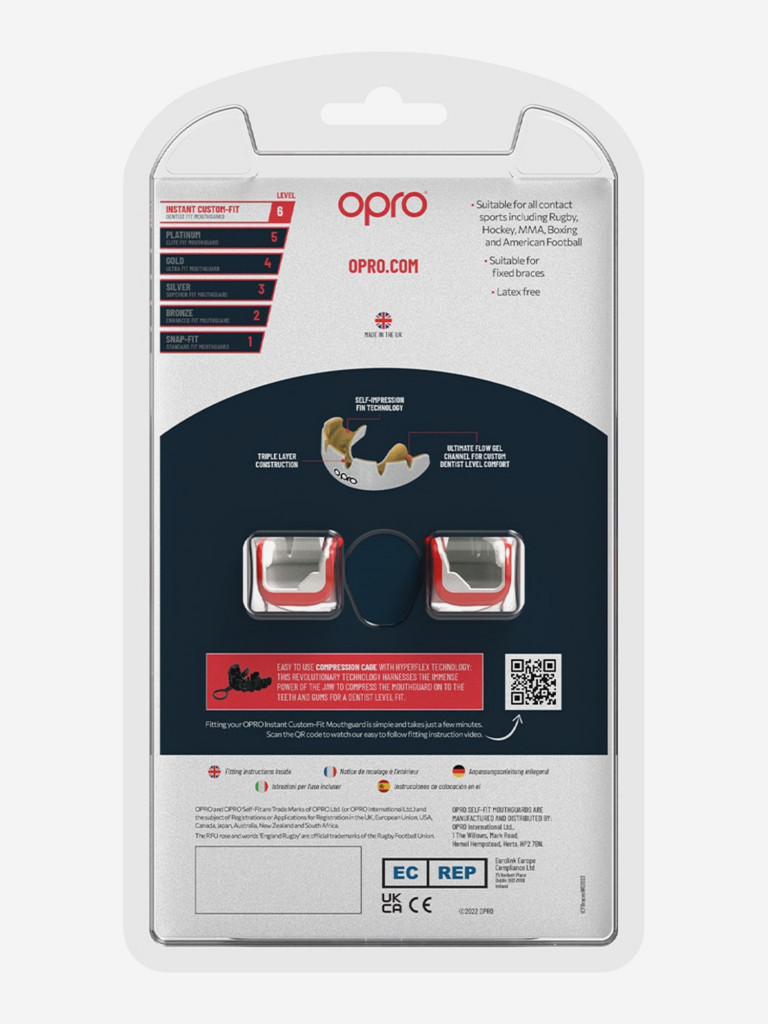 Боксерская капа для брекетов взрослая, спортивная, защитная для зубов OPRO Instant Custom-Fit Braces - Red/White