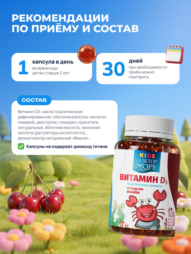 Витамин D3 для детей с 3 лет, жевательные капсулы витамин Д3 600 МЕ, 60 капсул / Доктор Море