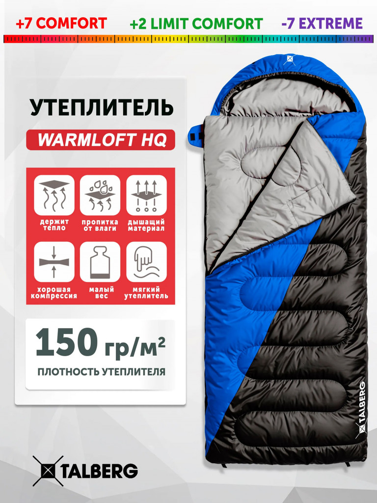 Спальный мешок TALBERG TRAVELLER -7 C, туристический, синий, правая молния