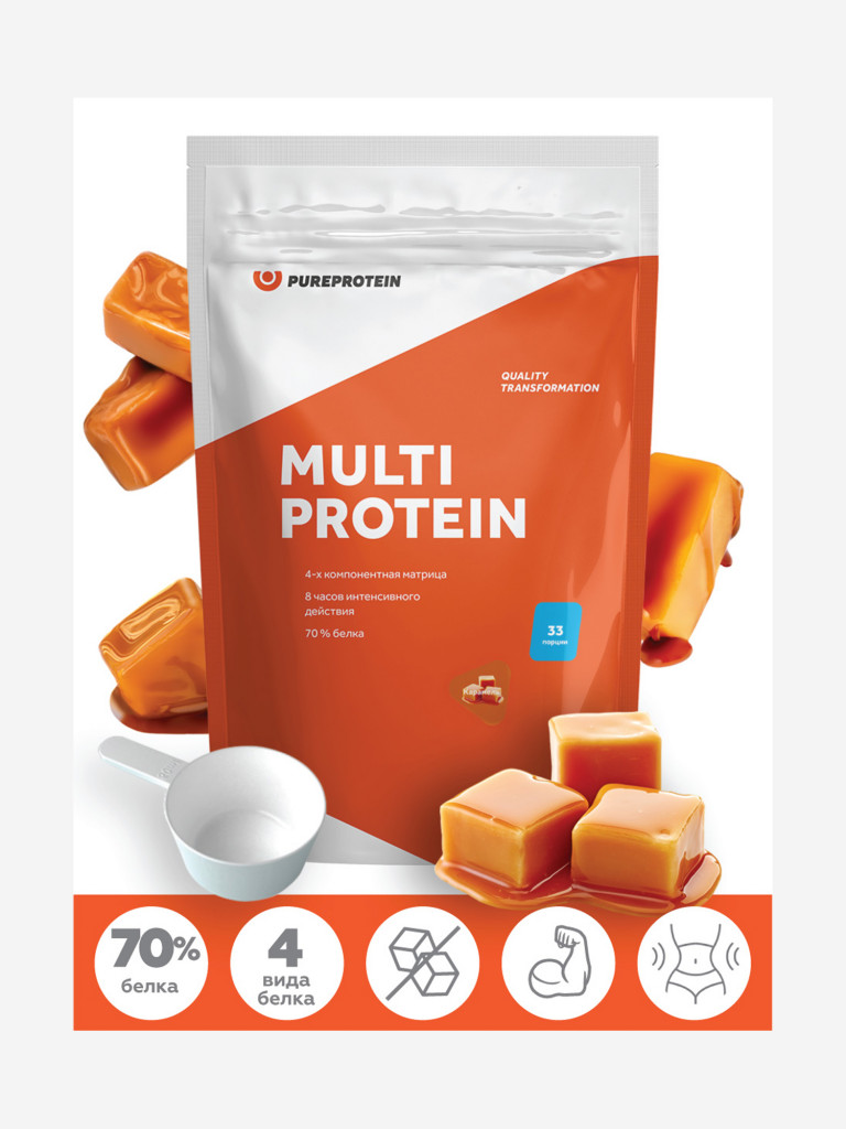 Протеин Мультикомпонентный для набора мышечной массы PUREPROTEIN 1кг,  Сливочная карамель оранжевый цвет — купить за 1580 руб. со скидкой 31 %,  отзывы в интернет-магазине Спортмастер