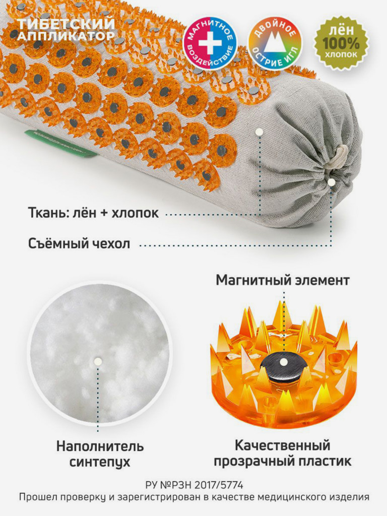 Аппликатор Кузнецова. Массажный коврик и универсальный валик (более острые иглы, магнитные вставки)