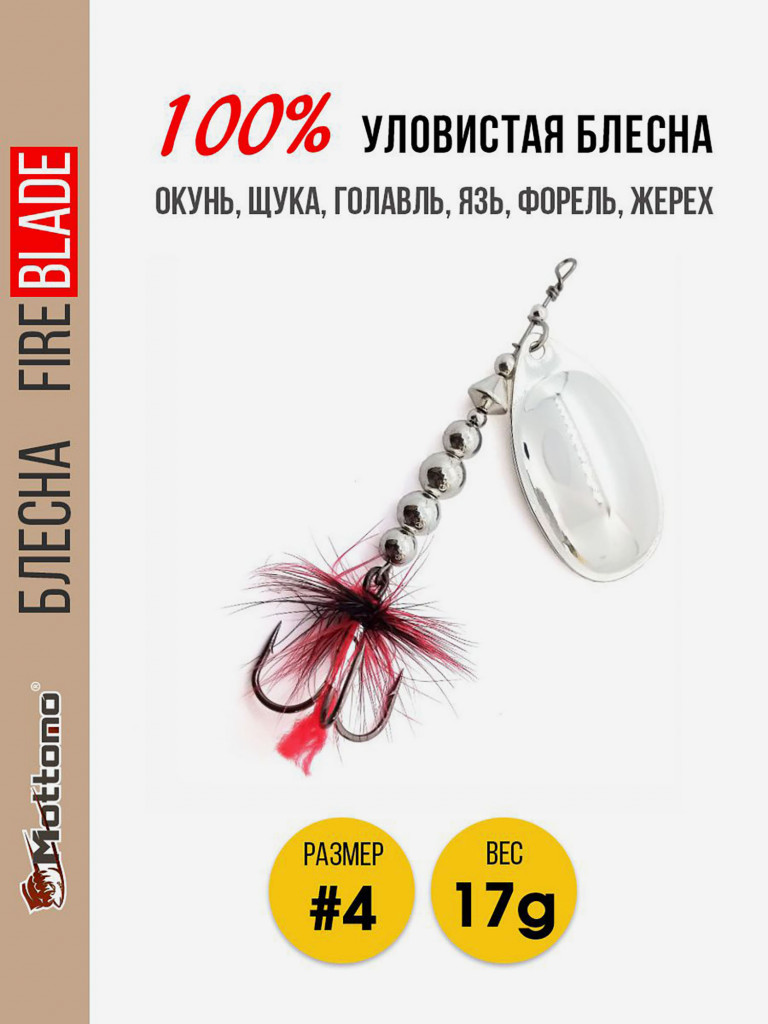 Блесна вращающаяся для рыбалки Mottomo Fire Blade #4 17g Silver