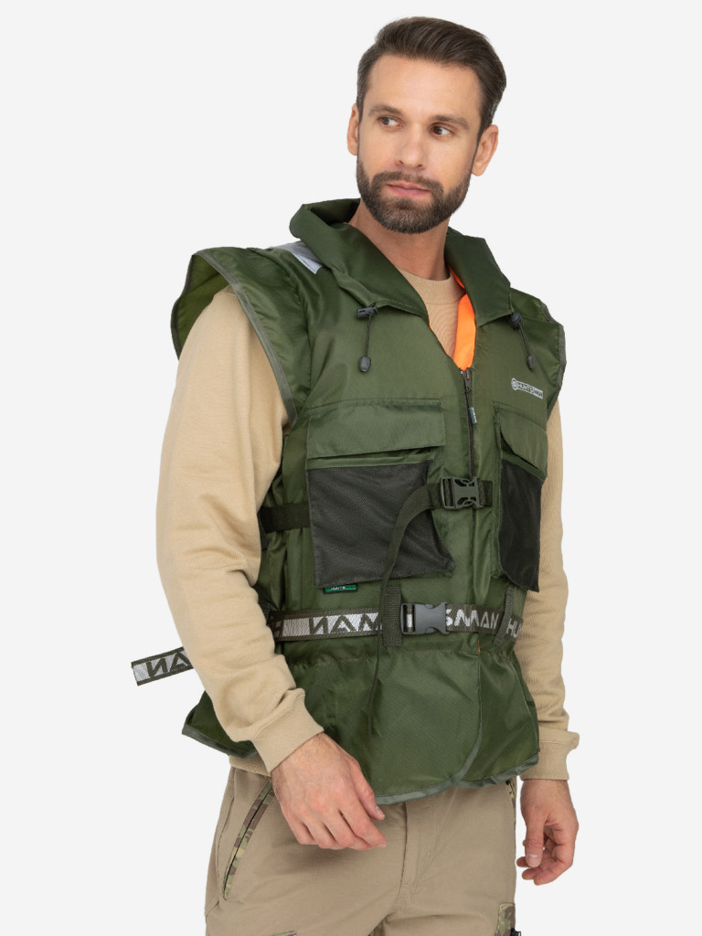 Жилет спасательный HUNTSMAN Shark с карманами для рыбалки на реке и море, 120 кг