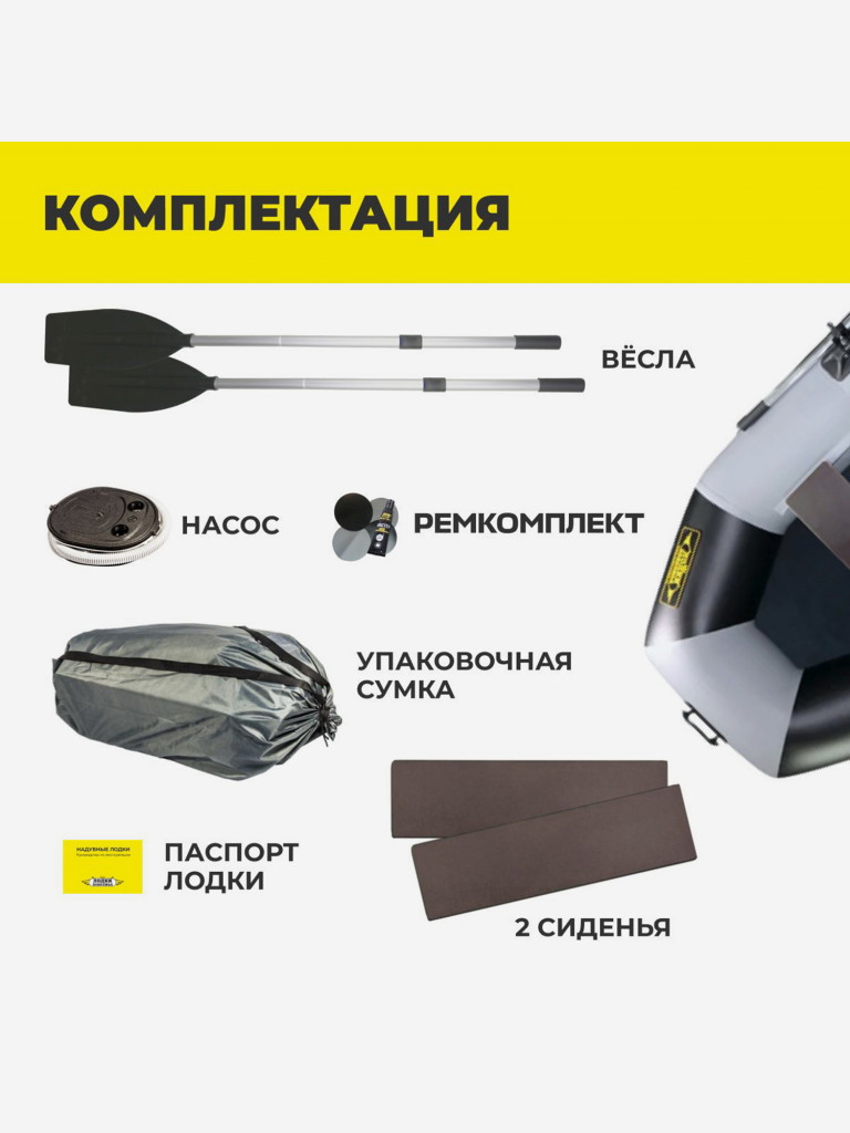 Лодка ПВХ под мотор надувная для рыбалки Лодки Поволжья S-245 гребная двухместная, крепления для транца под мотор, серо-черная