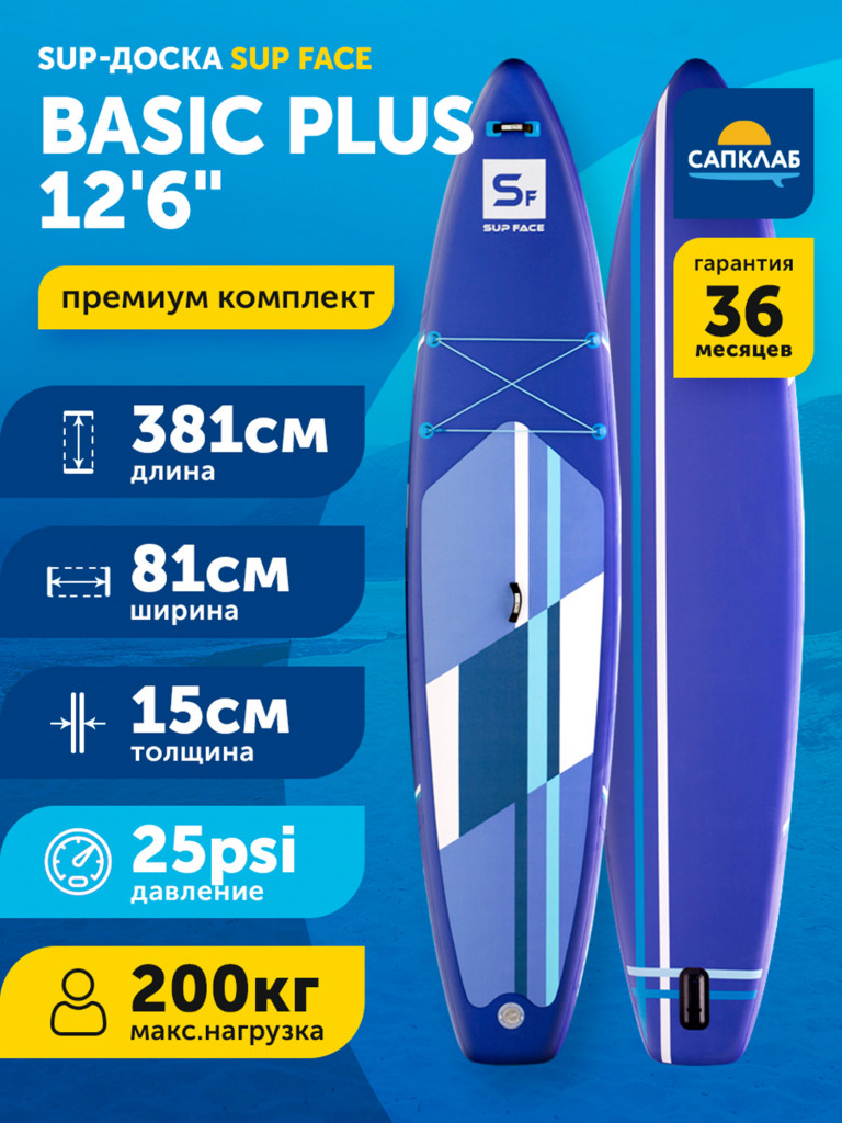 Сапборд надувной двухслойный SUP face Basic PLUS 12.6x32x6, 381x81x15 см