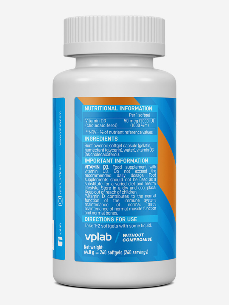 Витамин Д3 2000 МЕ в капсуле VPLAB Vitamin D3 2000 IU, 240 капсул