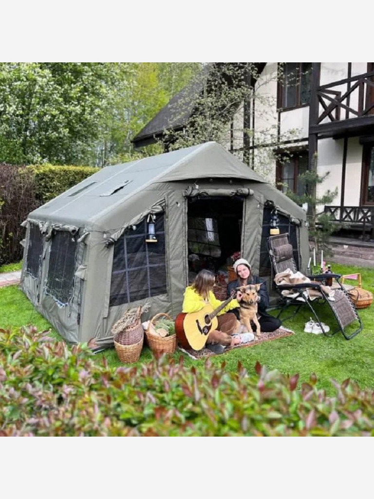 Надувная палатка Coody 17.28 Pro Army Green, 17.2 м², 4–6 человек, 2 входа, дымоход