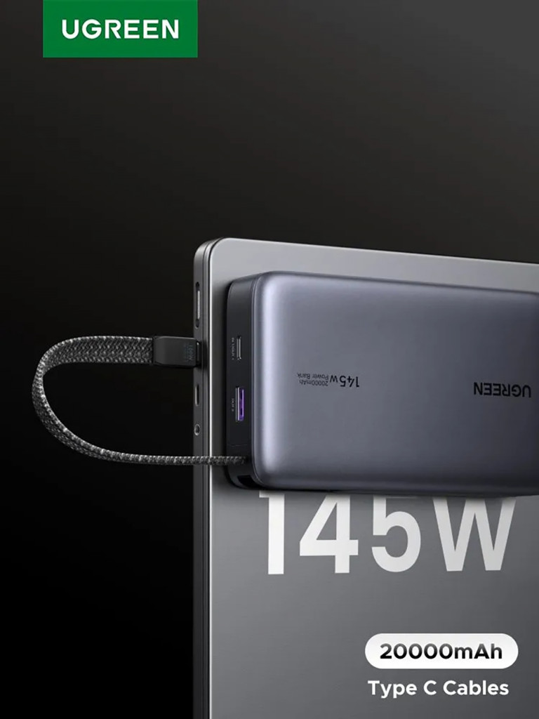 Внешний аккумулятор UGREEN PB551 (55992B) 145W Power Bank 20000mAh USB-C&USB-A со встроенным кабелем USB-C