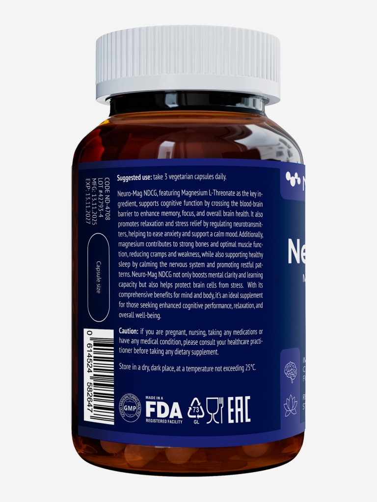 Магний L-треонат Neuro-Mag Magnesium L-Threonate NDCG, 90 капсул
