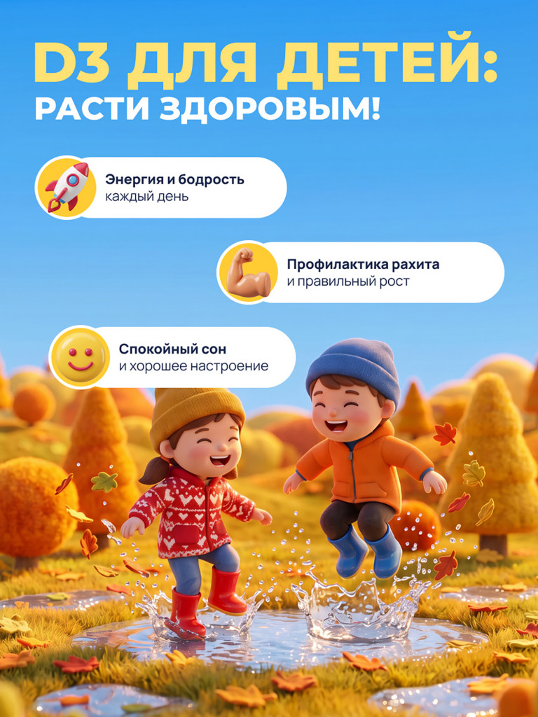 Витамин D3 для детей с 3 лет, жевательные капсулы витамин Д3 600 МЕ, 60 капсул / Доктор Море