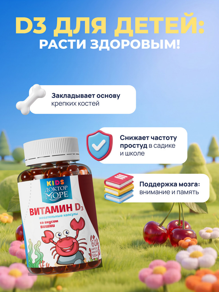 Витамин D3 для детей с 3 лет, жевательные капсулы витамин Д3 600 МЕ, 60 капсул / Доктор Море