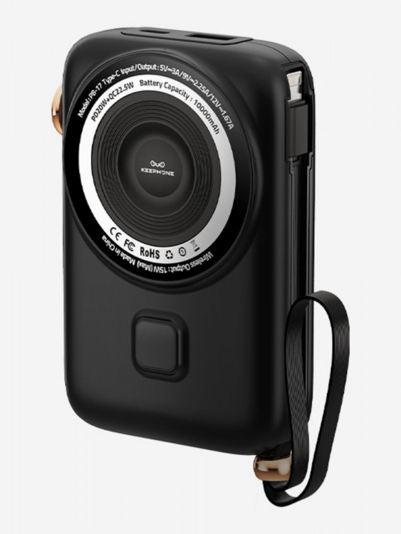 Беспроводной блок питания KEEPHONE Rapid Power / Повербанк с кабелем lightning / Быстрая зарядка 10000 мАч — Чёрный