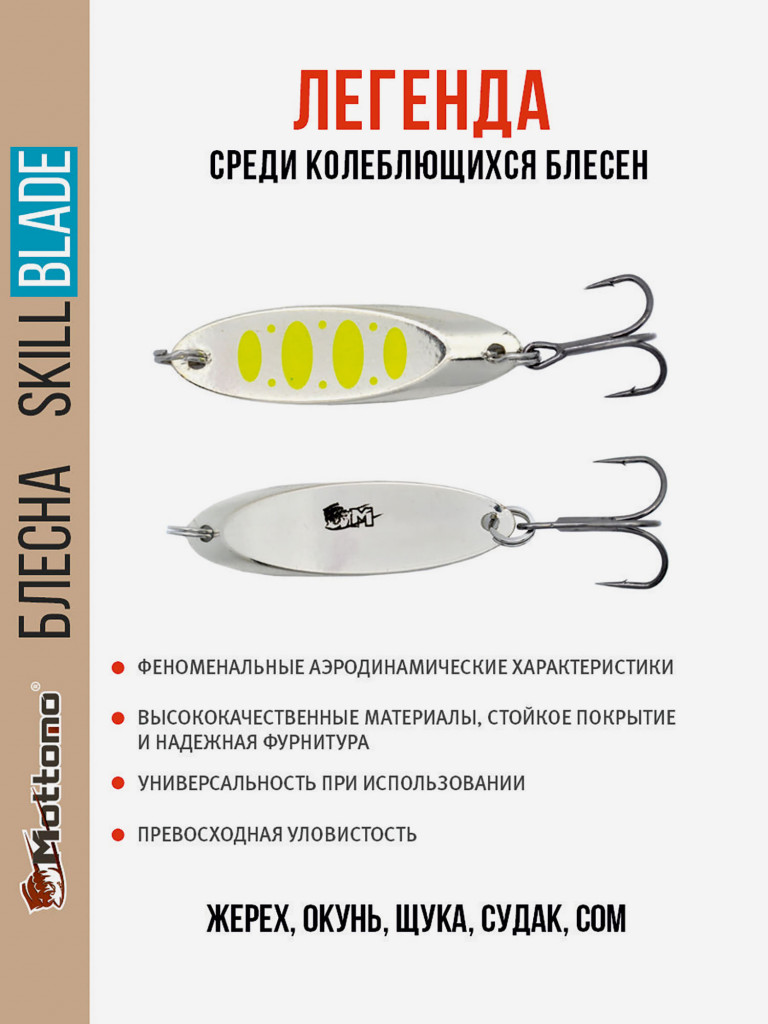 Блесна колеблющаяся для рыбалки Mottomo Skill Blade 28g Silver 22 . Колебалка на жереха, щуку, окуня, голавля, форель
