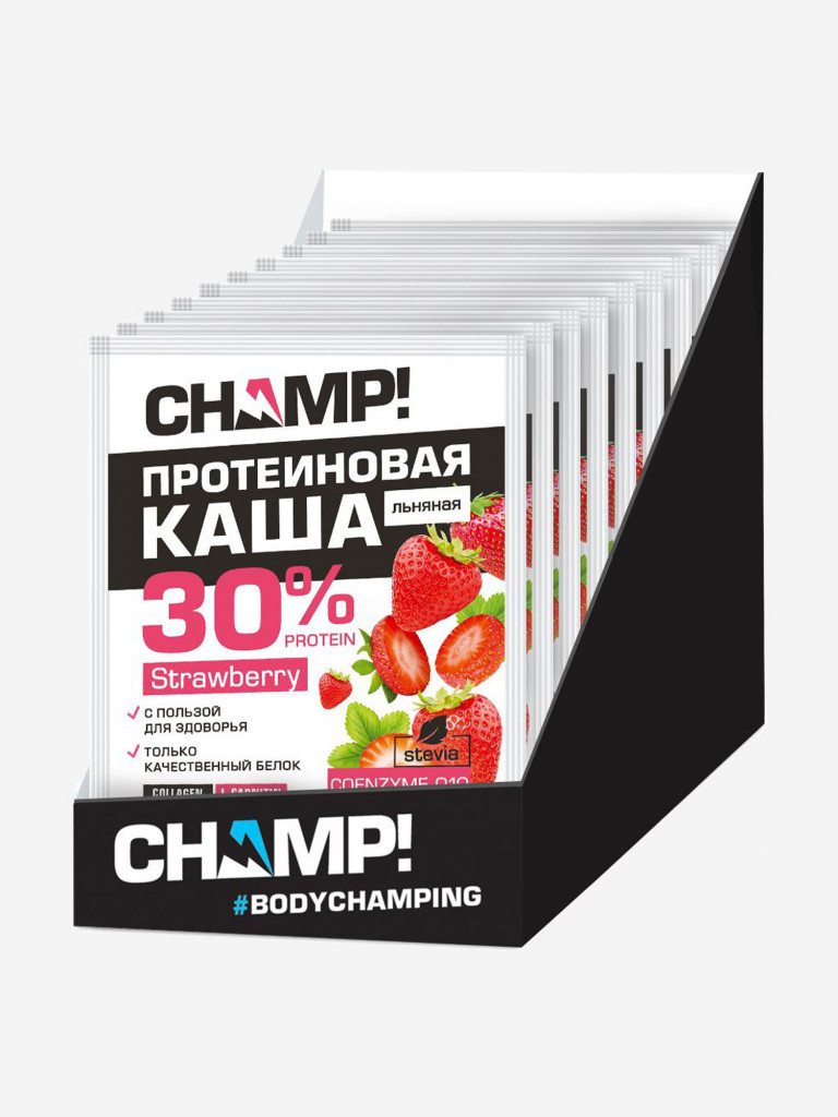 Каша протеиновая льняная Champ! Леовит клубничная с коэнзимом Q10. 10 пакетов по 40г.