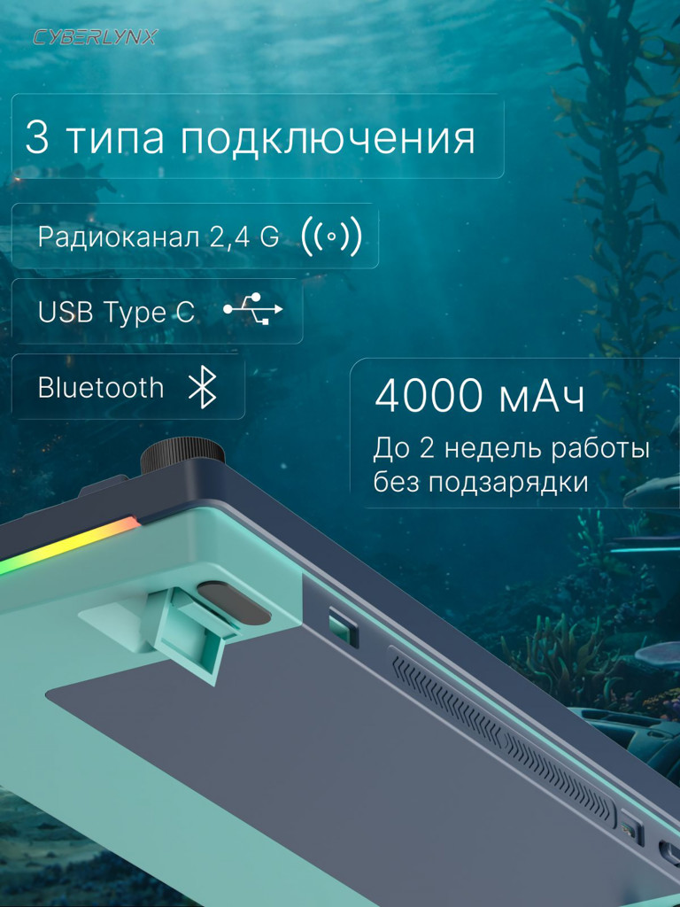 Игровая беспроводная клавиатура CYBERLYNX RX75 Pro Тиффани Блю Mute Switch
