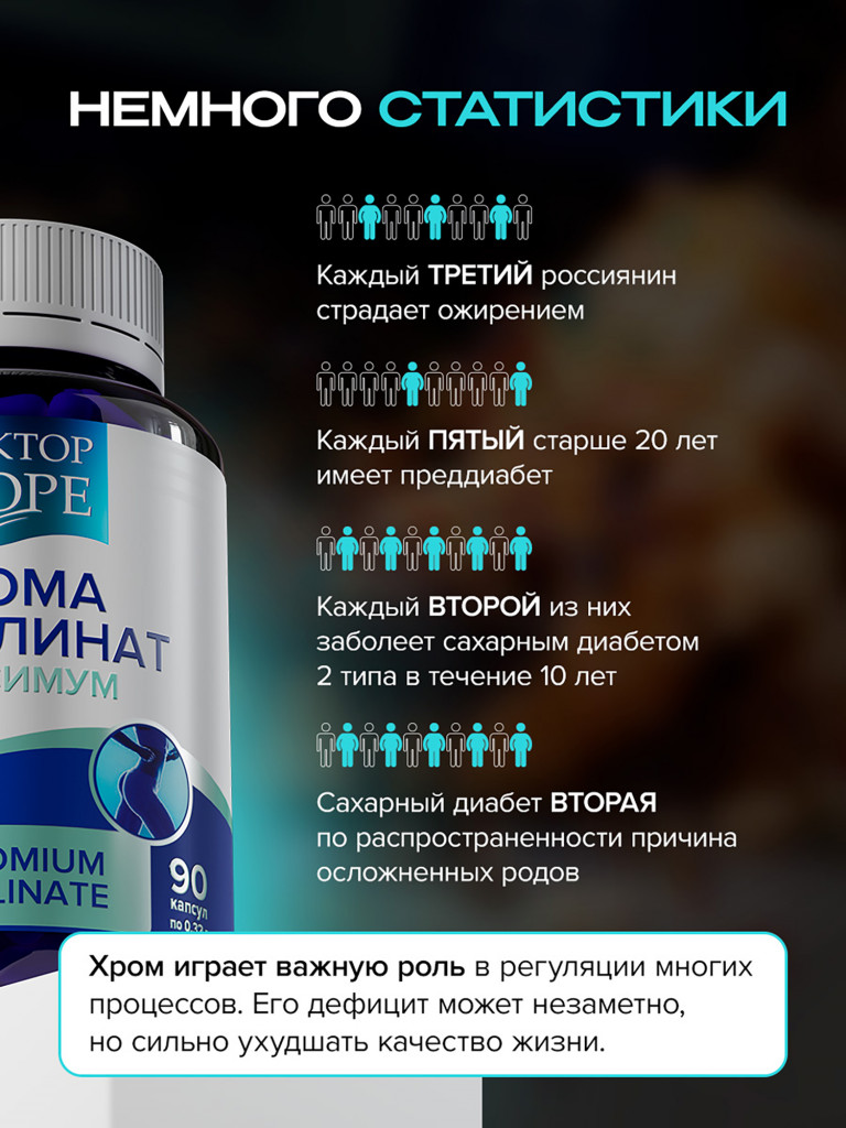 Хром Пиколинат Максимум, витамины для снижения аппетита, при инсулинорезистентности и тяге к сладкому, 250 мкг, 90 капсул / Доктор Море