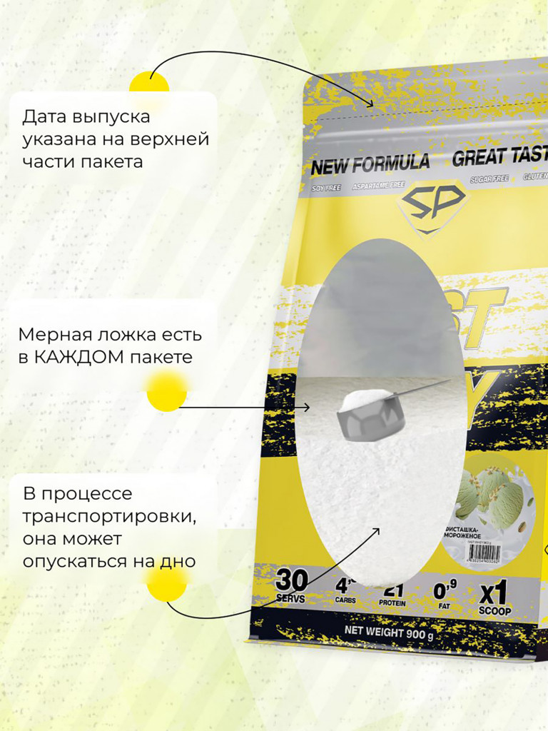 Сывороточный протеин FAST WHEY SteelPower, протеиновый коктейль для похудения, набора мышечной массы, порошок без сахара в пакете зип, 900 гр, Фисташковое мороженое