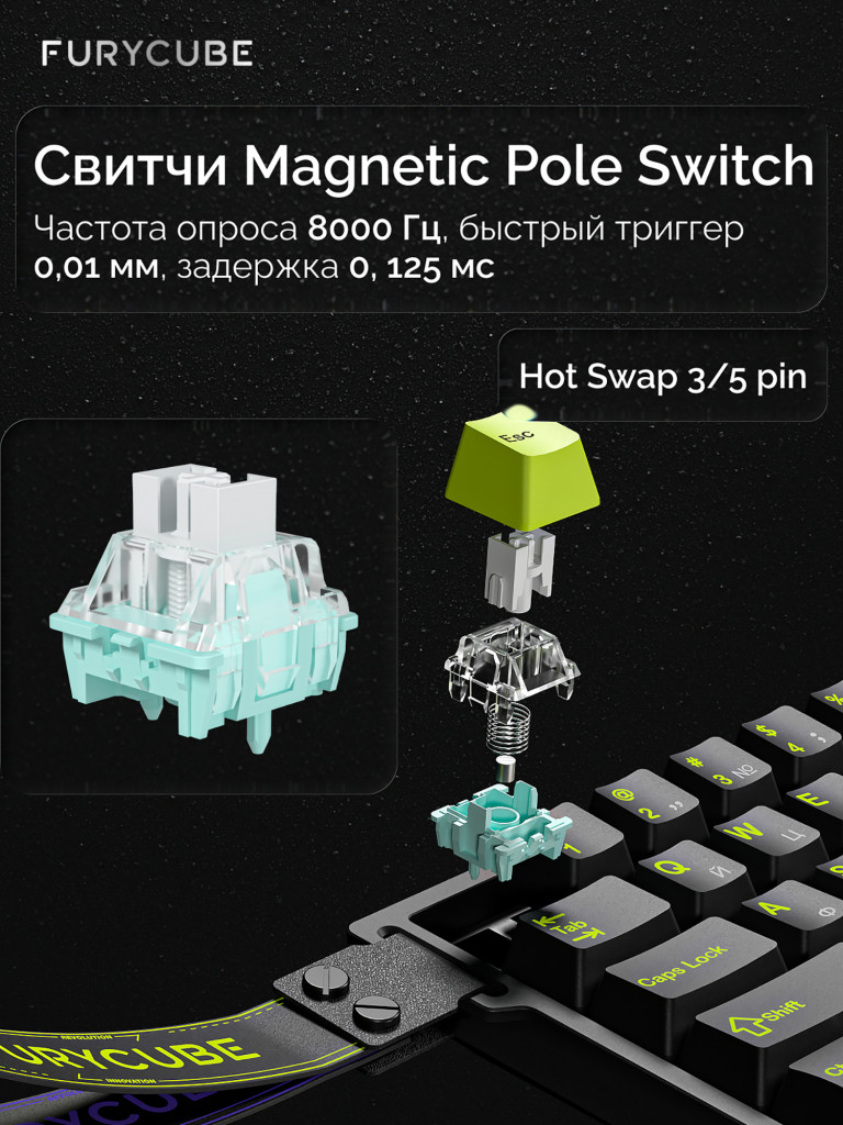 Игровая магнитная клавиатура Furycube M68 HE (черный/салатовый)