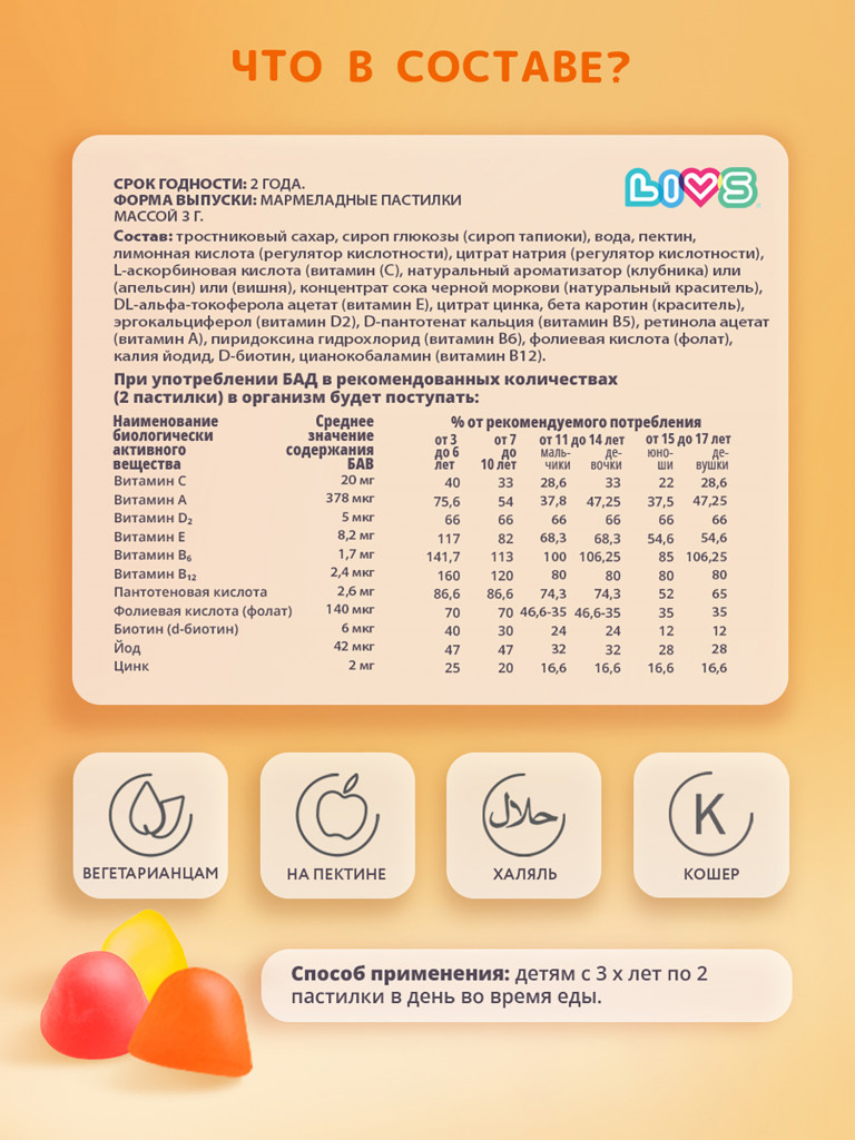 Мультивитаминный комплекс для детей LIVS, 50 шт.