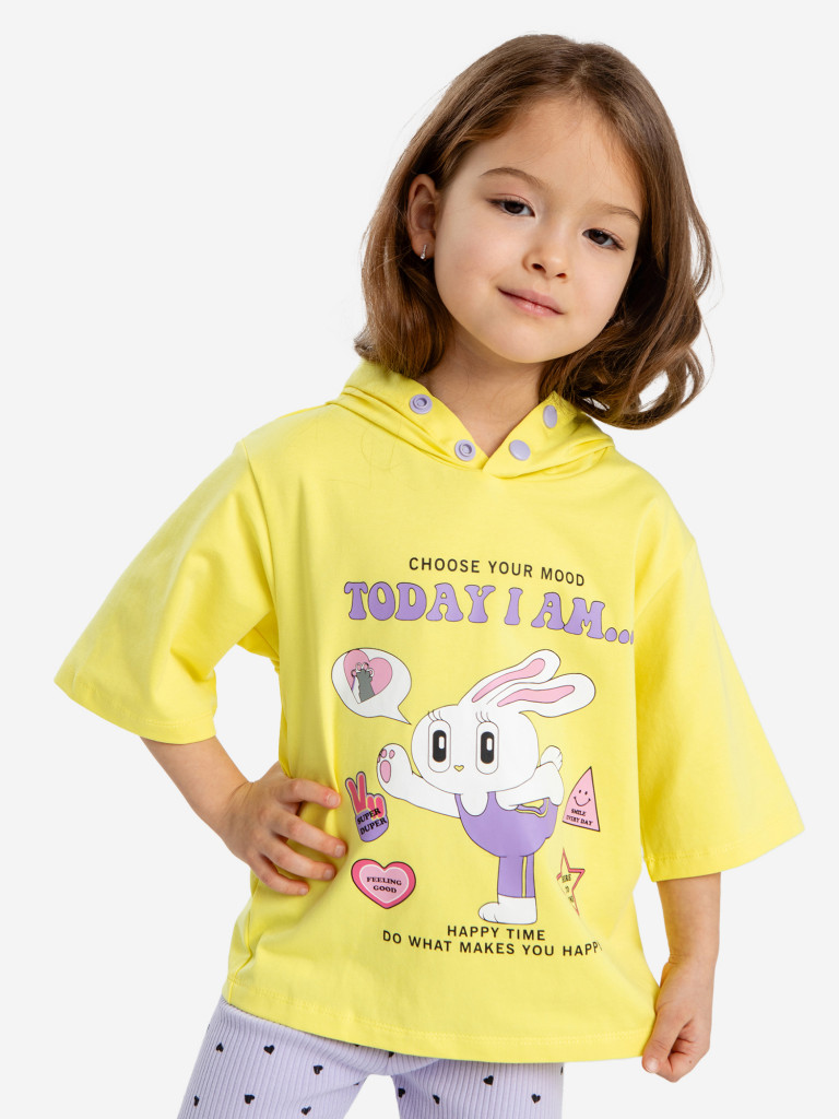 Футболка с капюшоном и принтом жёлтая для девочки Button Blue