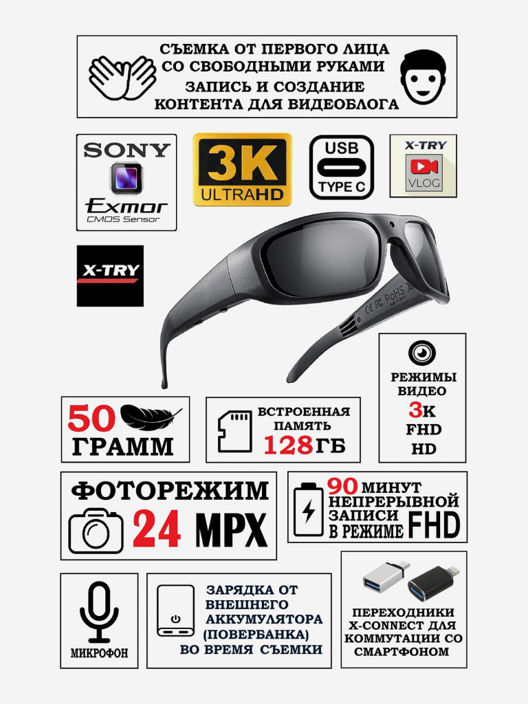 Цифровая камера-очки X-TRY XTG360 UHD 3K, 128 GB ORIGINAL BLACK