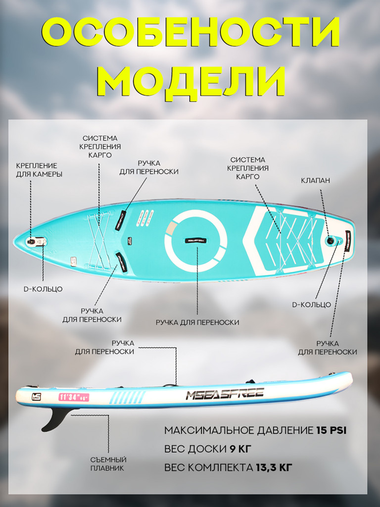 Надувной двухслойный сапборд MSEASFREE Pike 335-86-15 см, цвет бирюзовый