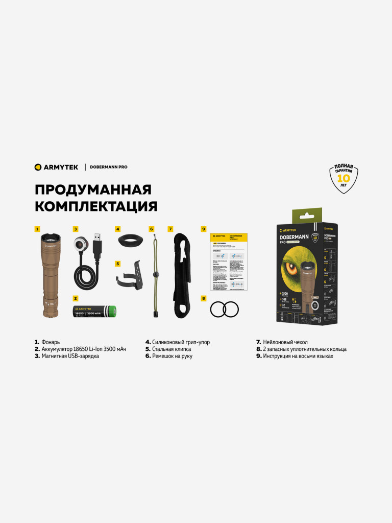 Фонарь светодиодный тактический Armytek Dobermann Pro Magnet USB, 1500 лм, холодный свет