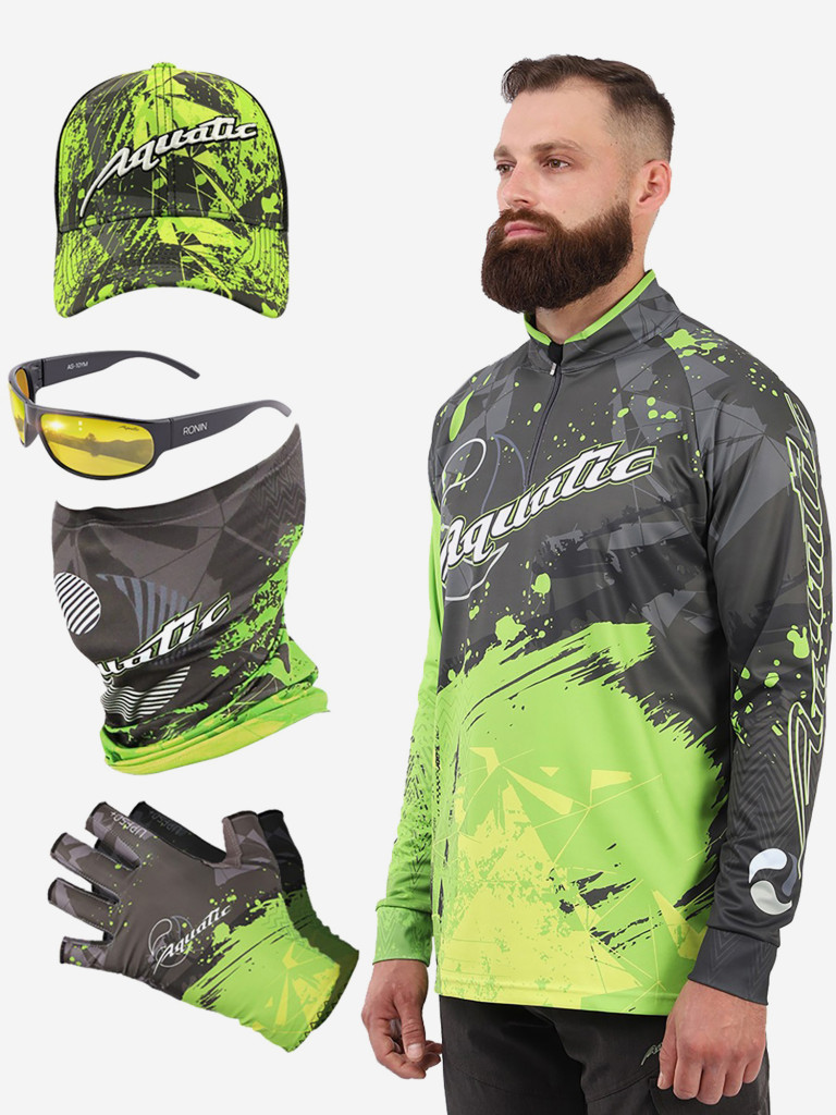 Комплект для рыбалки: джерси, бафф, перчатки, кепка и очки