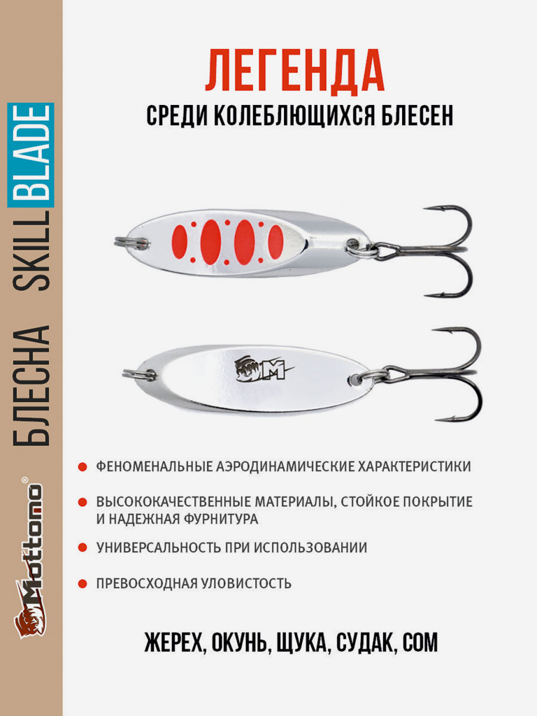 Блесна колеблющаяся для рыбалки Mottomo Skill Blade 35g Silver 24 . Колебалка на жереха, щуку, окуня, голавля, форель