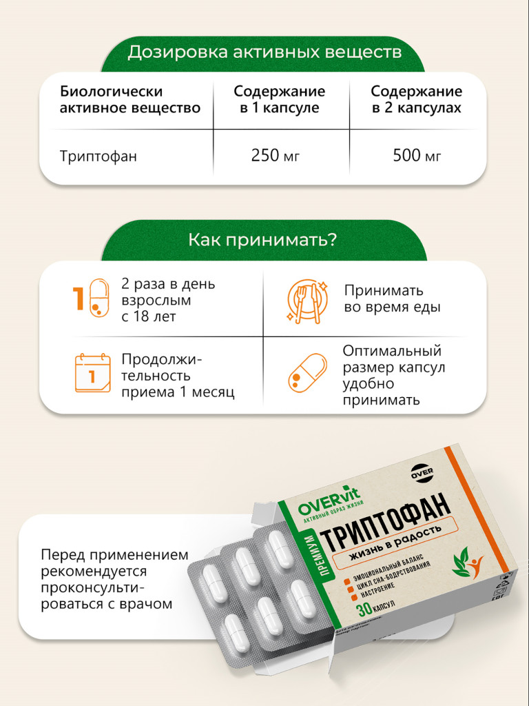 Триптофан, OVER,30 капсул